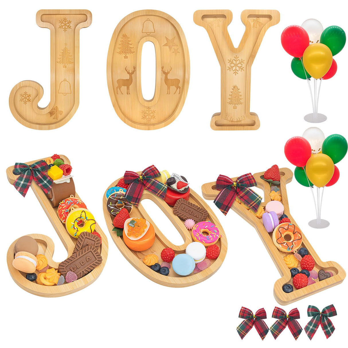 Nsoyos 3PCS Bamboo Christmas Decorations Letters Charcuterie Board Box-(with 14 Balloons and Bow) Joy Charcuterie Letters Fillable Food Christmas Party Supplies Table Decoration Food Tray Platter