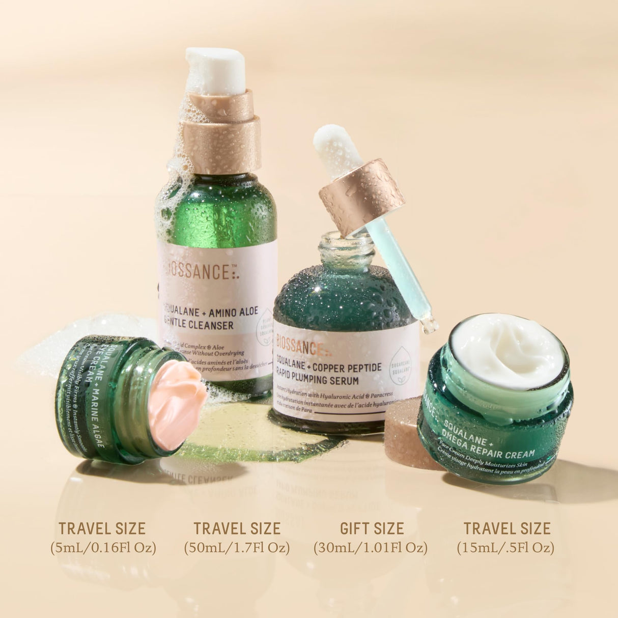 Biossance Plump and Hydrate Skincare Set - Amino Aloe Gentle Foaming Cleanser, Marine Algae Eye Cream, Copper Peptide Rapid Plumping Serum & Omega Moisturizer For Face Lock In Hydration For Your Skin