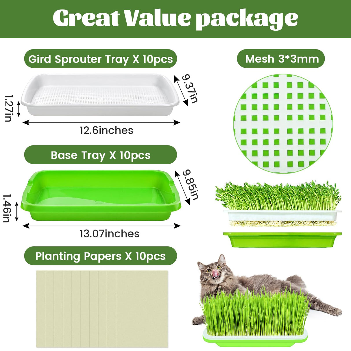 Legigo 10 Pack Seed Sprouter Trays- Soil-Free Cultivation Germination Tray, BPA Free Nursery Tray with Planting Paper for Indoors or Outdoors Sprouting Seeds, Grow Grass, Beans (Without Lids)