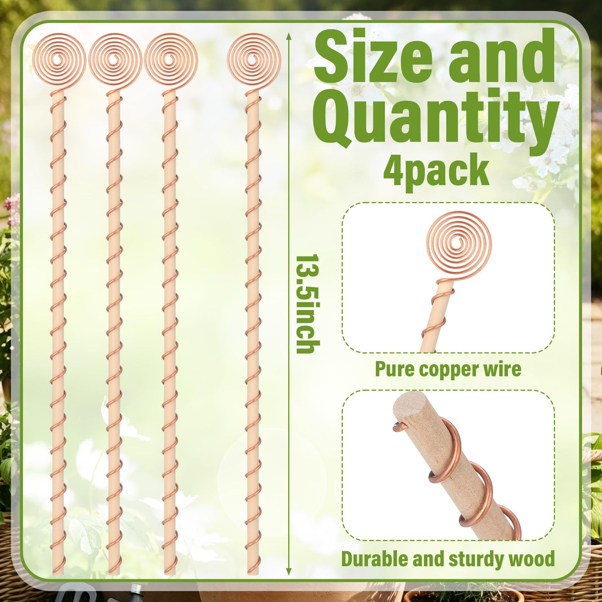 Otoolling 4 Pcs 13.5 Inch Electroculture Plant Stakes Copper Coil Plant Stakes for Garden Electroculture Antenna Garden Stake Wood Wrapped for Vegetable Flowers