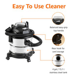 Amazon Basics Wet Dry Shop Vacuum Cleaner, 4 Gallon, 3 HP Stainless Steel, Grey/Black