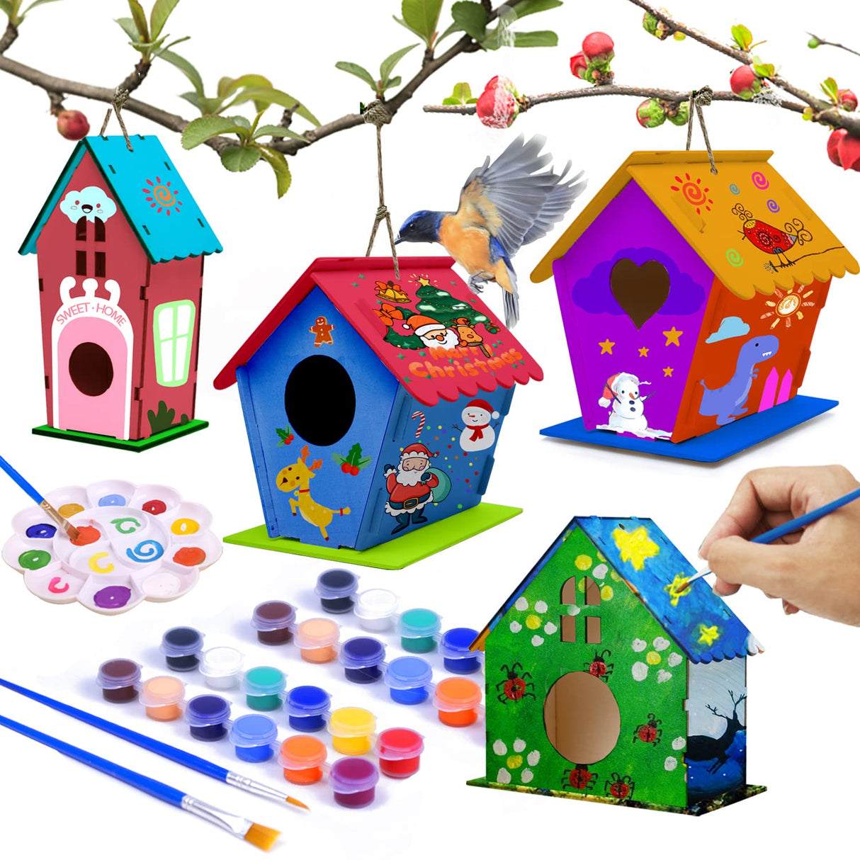 hapray 4 Pack Bird House Crafts for Kids Ages 5-8 8-12, Buildable DIY Birdhouse Kit for Children to Build, Summer Arts and Craft Projects with Paint, 3+ Boy Girl Gift for Halloween Christmas