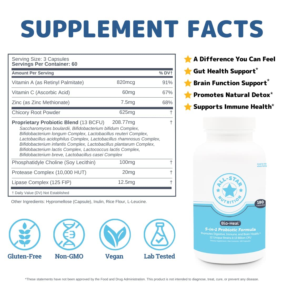 5-in-1 Bio-Heal® Probiotic Capsules for Kids, Men & Women - Best Supplement for Brain Function, Gut Health & Constipation - Shelf Stable & Fortified with Vitamins, Minerals & Prebiotics