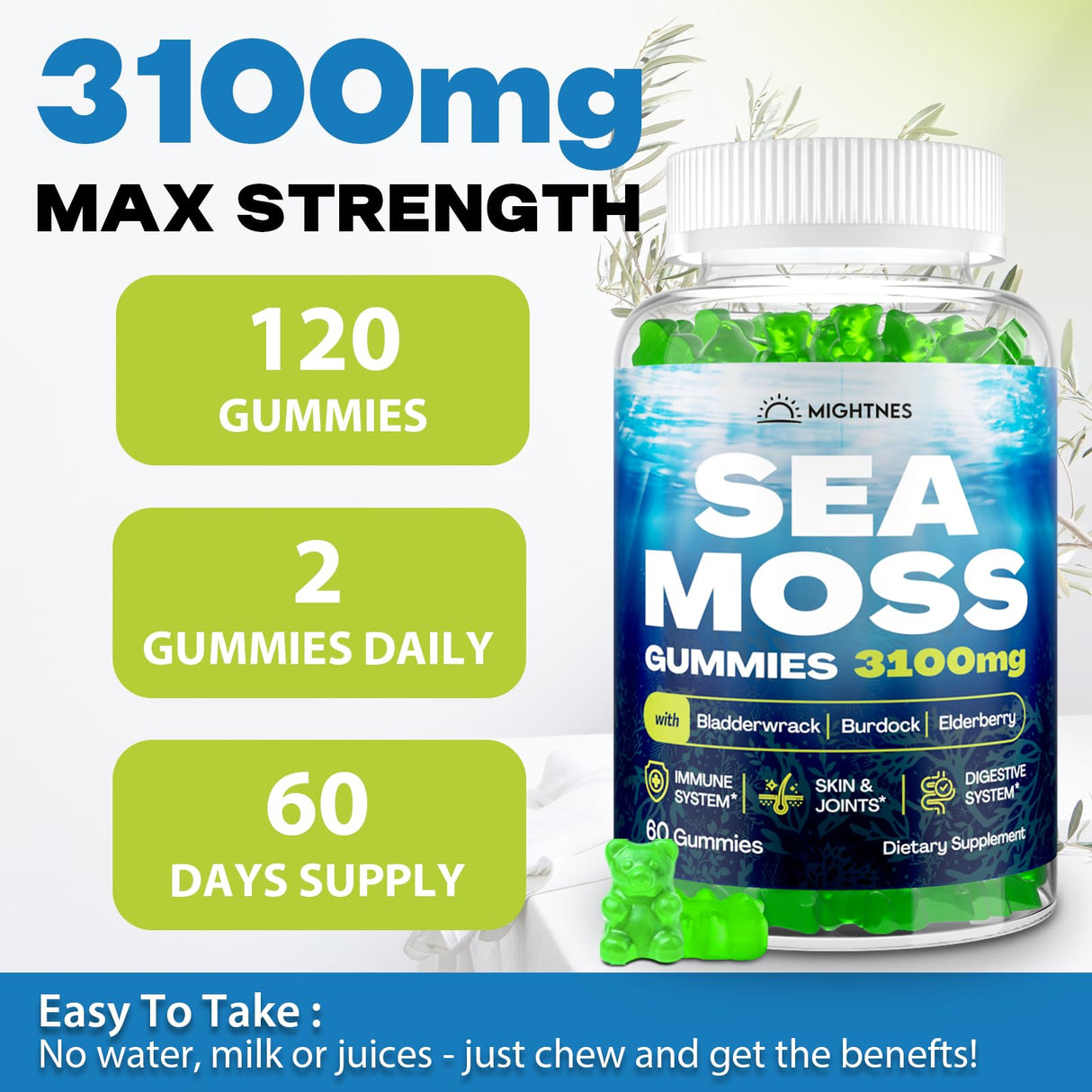 Sea Moss Gummies, 3100mg Irish True Sea Moss Seamoss Gummies for Women & Men with Bladderwrack, Burdock Root, Elderberry Vitamin C and Zinc for Detox Cleanse, Immune, Skin, Digestive, Organic, 120Ct