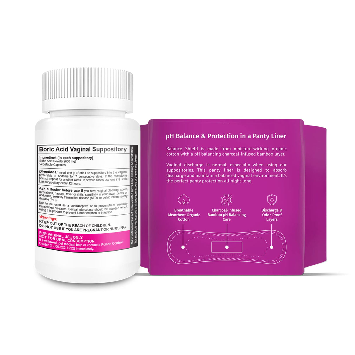 NutraBlast Boric Acid Vaginal Suppositories 600mg (30 Count) Bundle with Balance Shield Panty Liners (180mm, 20-Pack) | Discharge & Odor-Proof Layers | Charcoal-Infused Bamboo Balancing Core