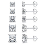 18K White Gold Plated Princess Cut Cubic Zirconia Screw Back Stud Earring Pack of 5 Pairs (5 Pairs)