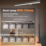 Airlonv LED Desk Lamp for Office Home, Eye-Caring Desk Light with Stepless Dimming Adjustable Flexible Gooseneck, 10W USB Adapter Desk Lamp with Clamp for Reading, Study, Workbench (Black)
