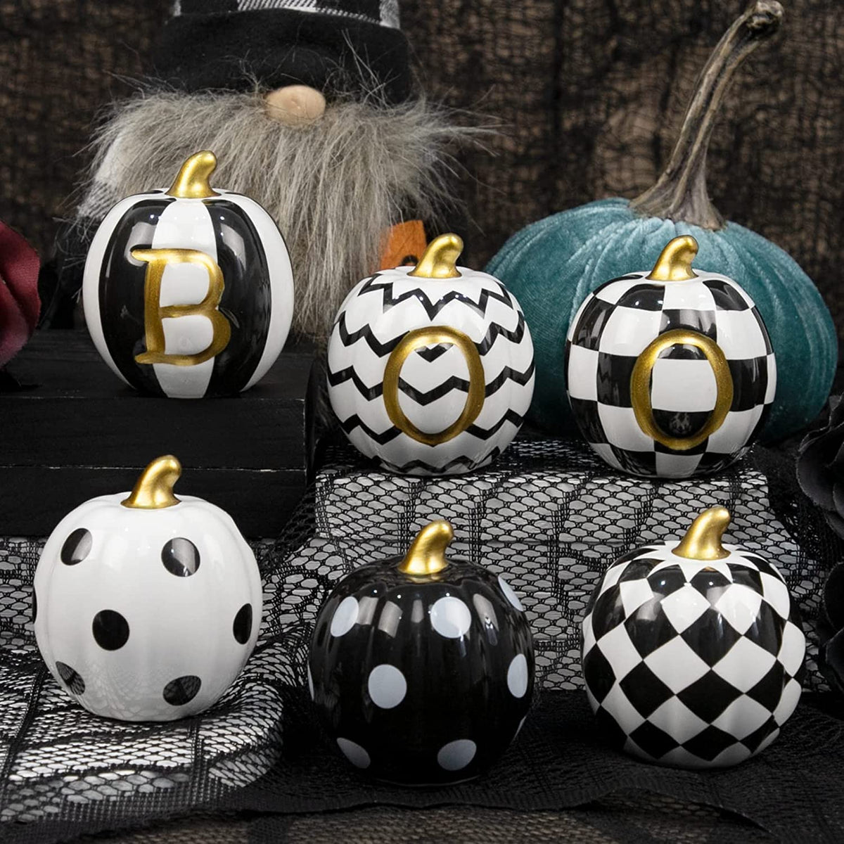 DAZONGE Set of 6 Ceramic Halloween Pumpkins Halloween Decorations Indoor