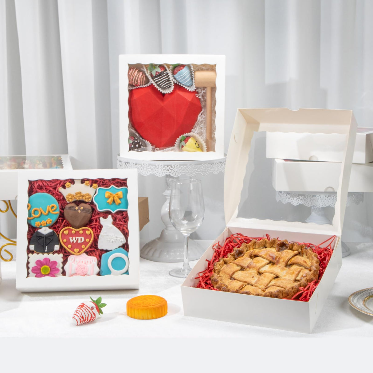 TEMLQPACK 50pcs 9x9x2.5 Inches White Bakery Boxes - Cookies, Pie, Chocolate Covered Strawberries, Breakable Heart, Charcuterie Boxes for Valentine's & Christmas