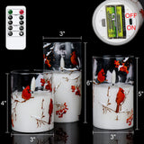 GenSwin Red Bird Glass Flameless Candles with Remote Timers, Battery Operated 3D Wick Led Flickering Light, Real Wax Pillar Candles for Christmas Home Decoration(Pack of 3, 3”x4”5”6”)