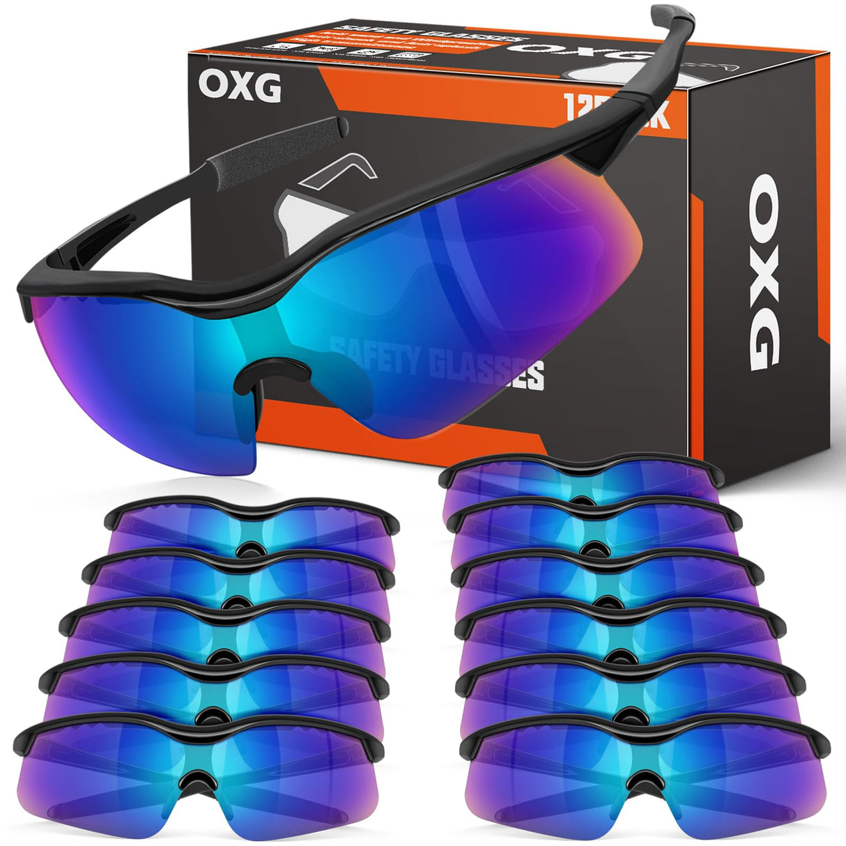 OXG 12 Pack Safety Glasses, ANSI Z87.1 Impact Resistant Anti-Scratch Safety Goggles for Men Women Youth (Mirrored)