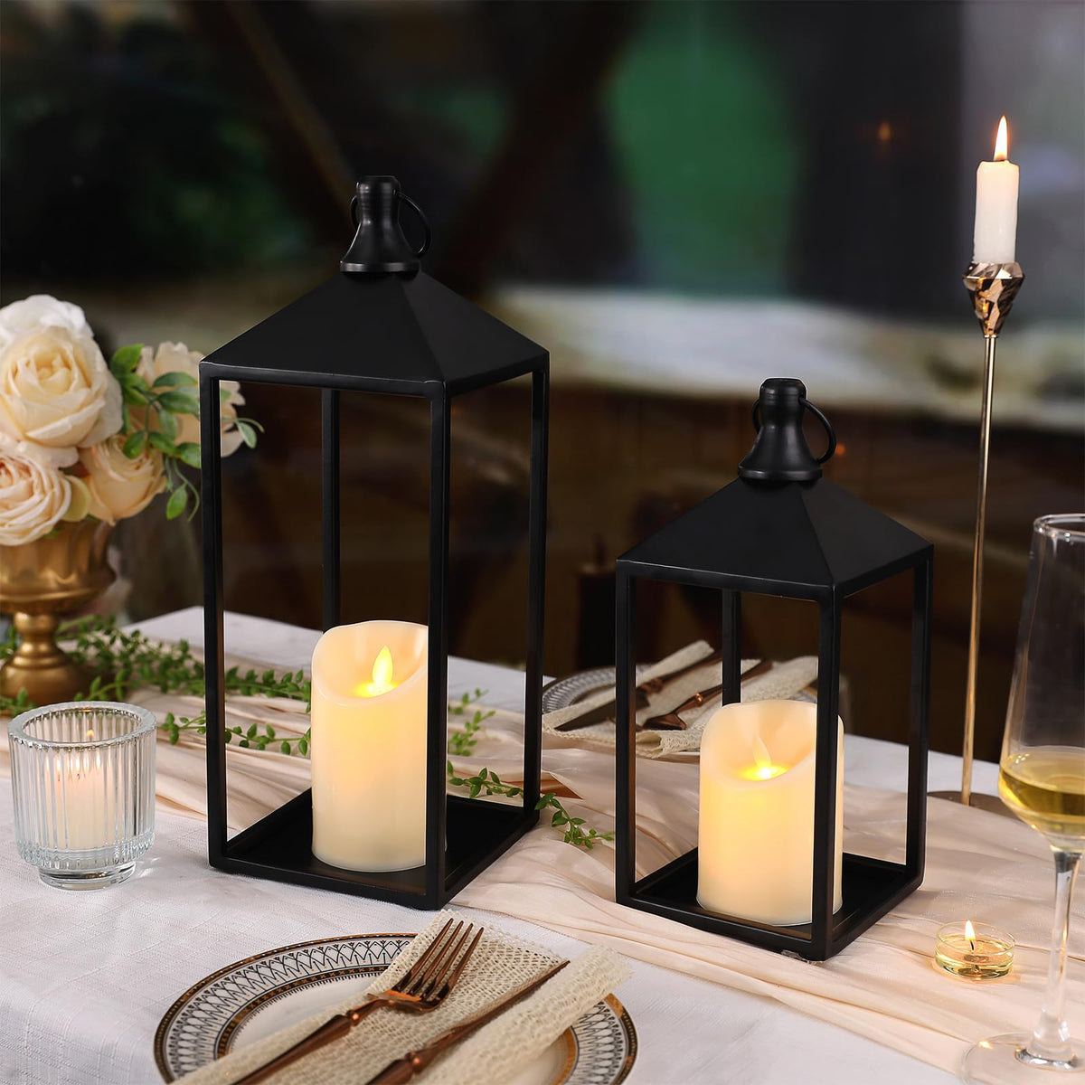 2 Pcs Black Decorative Metal Lanterns Farmhouse Lantern Decor with Candles