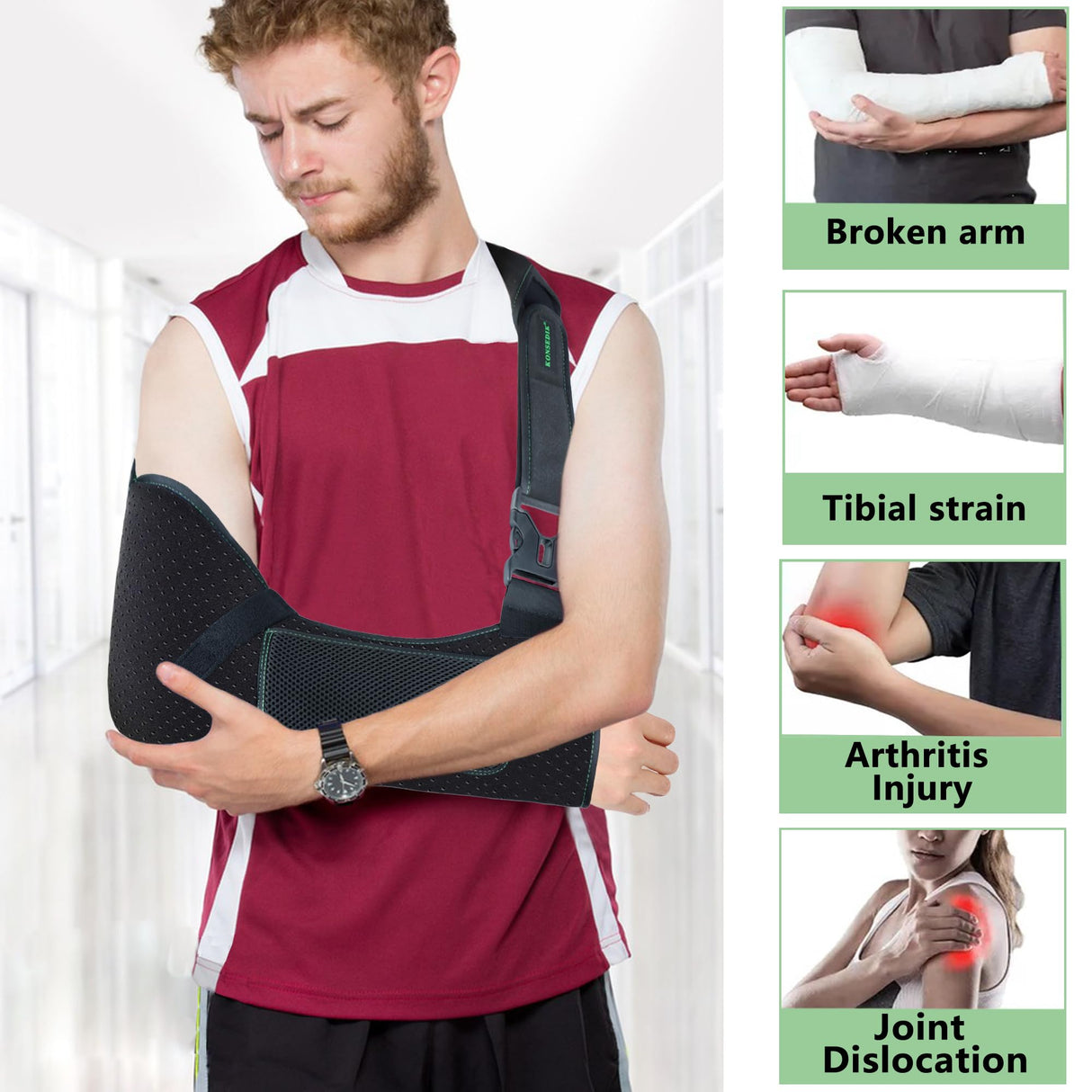 KONSEDIK Arm Shoulder Sling for Men and Women,Porous comfort Medical Sling with Pocket Shoulder Pad for Rotator Cuff Injury,Support for Arm,Wrist, Elbow,Clavicle Fracture Post-Surgery(Black,Large)