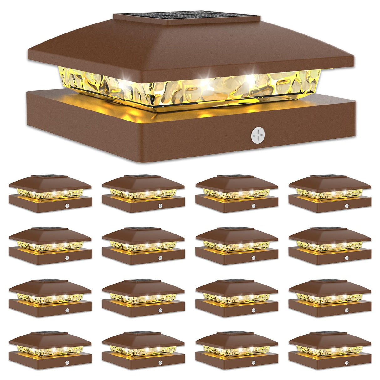 VOLISUN 4x4 Solar Post Cap Light 16pack,Solar Fence - Post Lights Brown Outdoor Waterproof for Wooden/Vinyl Post, with Warm White for Deck