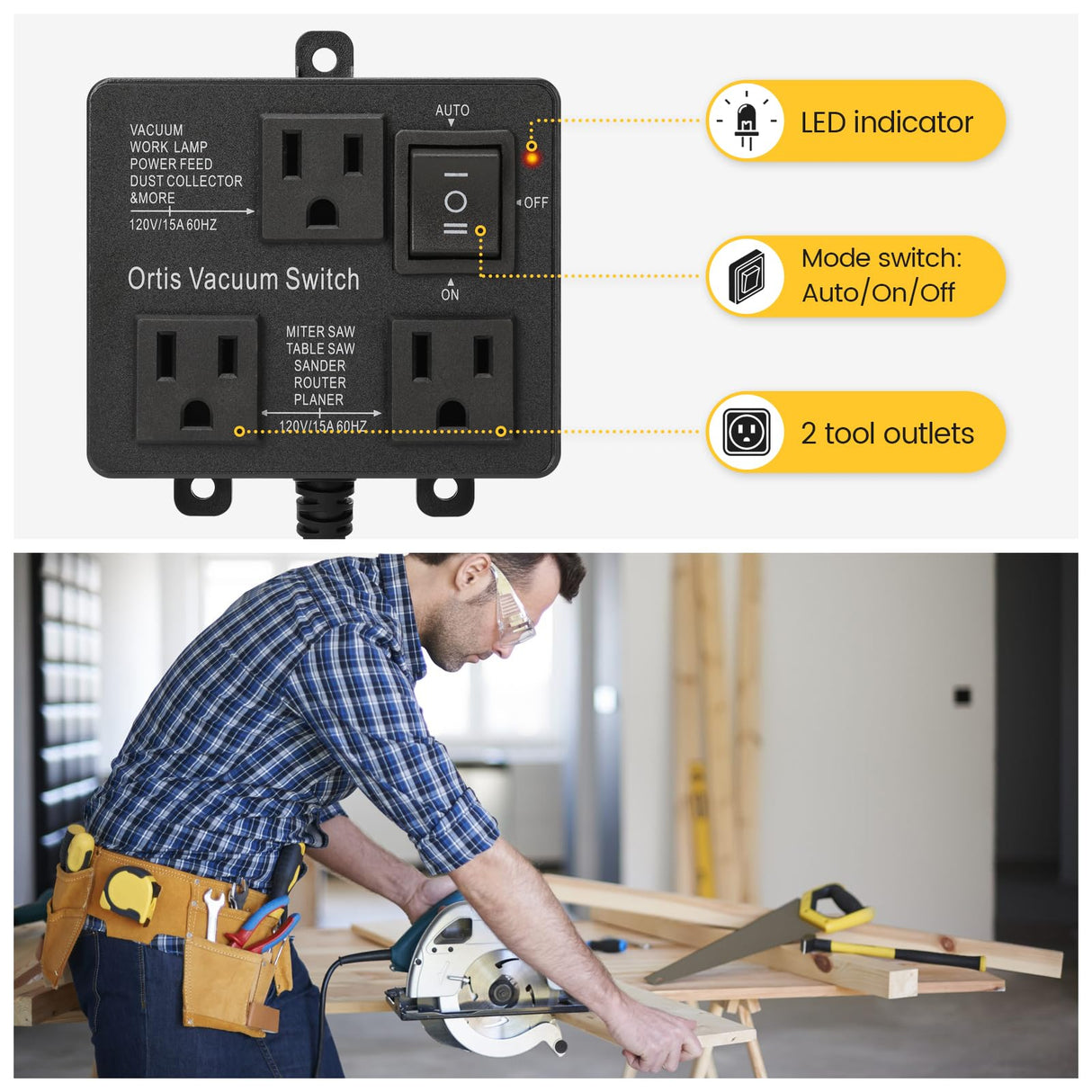 Automatic Vacuum Switch, Ortis Vacuum Switch for More Power Tools, Delay Vacuum On/Off to Prevent Circuit Overload and Tripping, Keep Your Workplace Cleaner, Better for Your Lung, Black