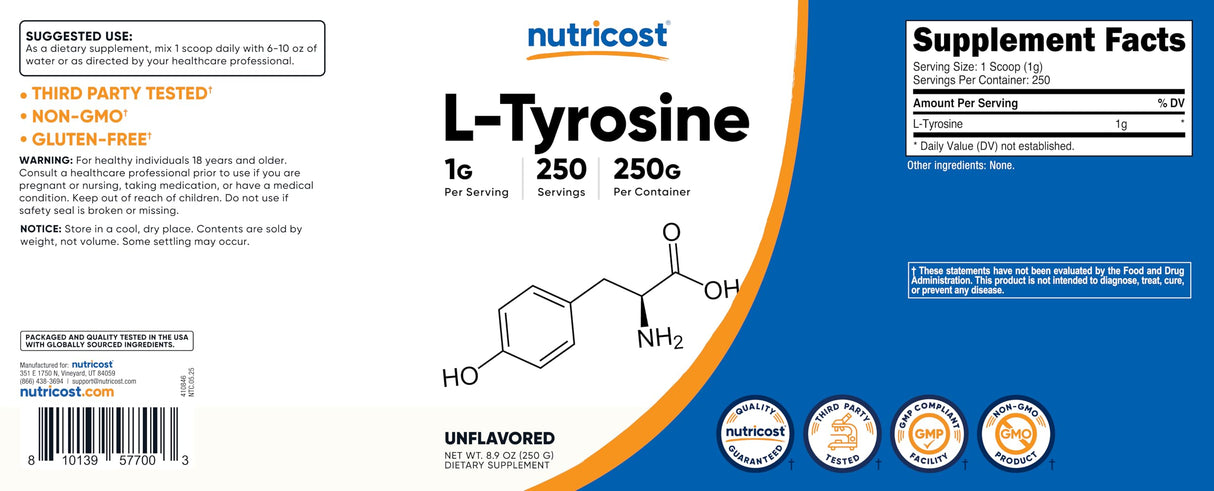 Nutricost L-Tyrosine Powder 250 Grams - Pure L-Tyrosine Powder 1000mg Per Serving