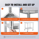 VEVOR Stainless Steel Work Table 30 x 36 x 38 Inch, with 4 Wheels, 3 Adjustable Height Levels, Heavy Duty Food Prep Worktable for Commercial Kitchen Restaurant, Silver