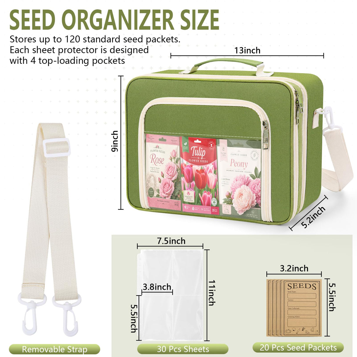 Seed Storage Organizer Binder, Seed Holder Organizer with 20 Pcs Reusable Seed Envelopes & 30 Pcs Sheets Protectors Holds 120 Packets, Garden Saving Binder Bag for Gardeners, Hobbyists, Organizers