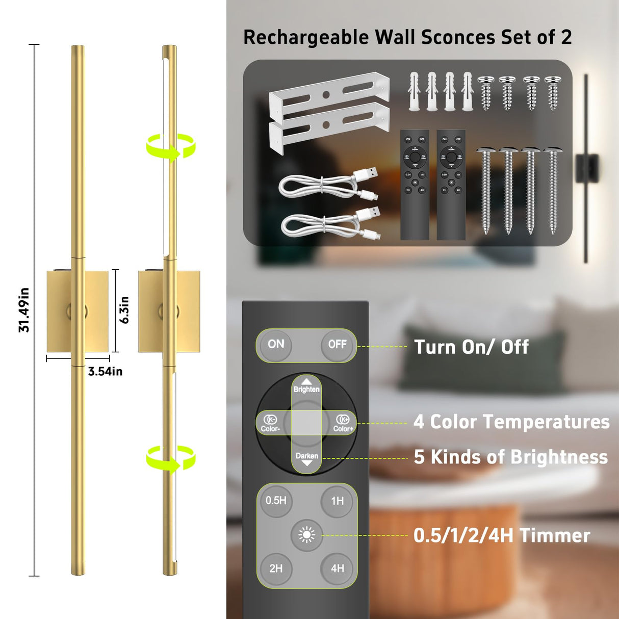 Battery Operated Wall Sconces Set of Two: Dimmable Wireless Wall Lights with Remote, 31-inch LED Rechargeable Sconces, 360° Lighting Wall Scone Decor for TV, Mirror, Bedroom, Living Room(Gold)