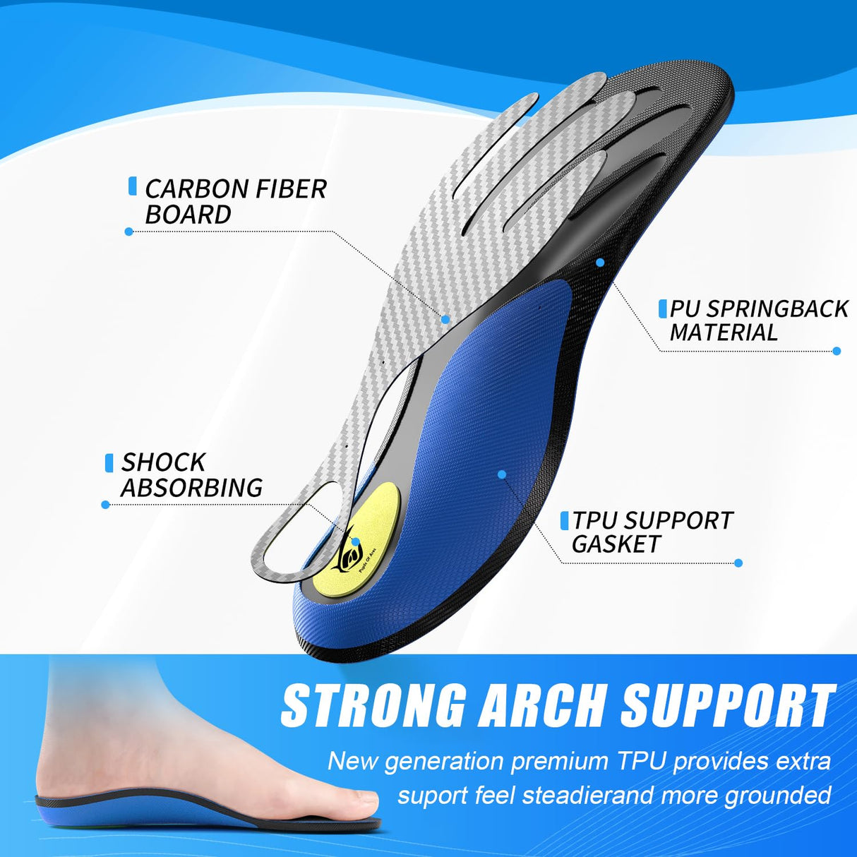 HAPANUN Carbon Fiber Insole with Arch Support for Long Periods of Standing, Jogging, Hiking and Other Outdoor Sports, as Well as a Work Boot Insole. (Blue, M：7.5/8丨W：8.5/9（270mm）)