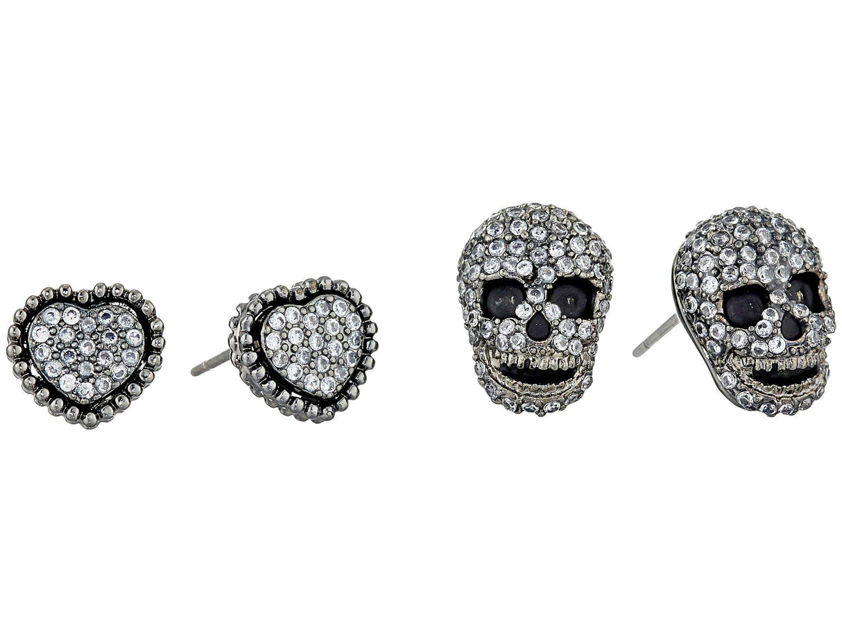 Betsey Johnson CZ Pave Heart & Skull Duo Set of Stud Earrings