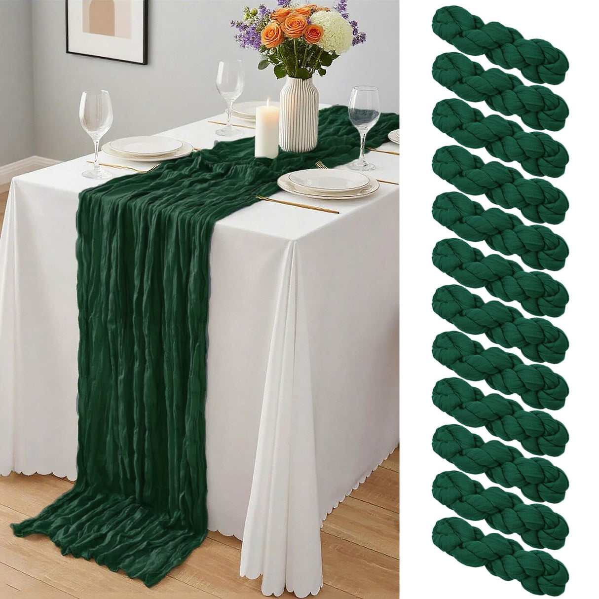 12 Pack Dark Green Cheesecloth Table Runner 10Ft, Christmas Table Runner 21.5 X 120 inch, Semi Sheer Cheese Cloth Fabric Boho Table Runner Bulk for Christmas Decorations,Bridal Shower,Wedding