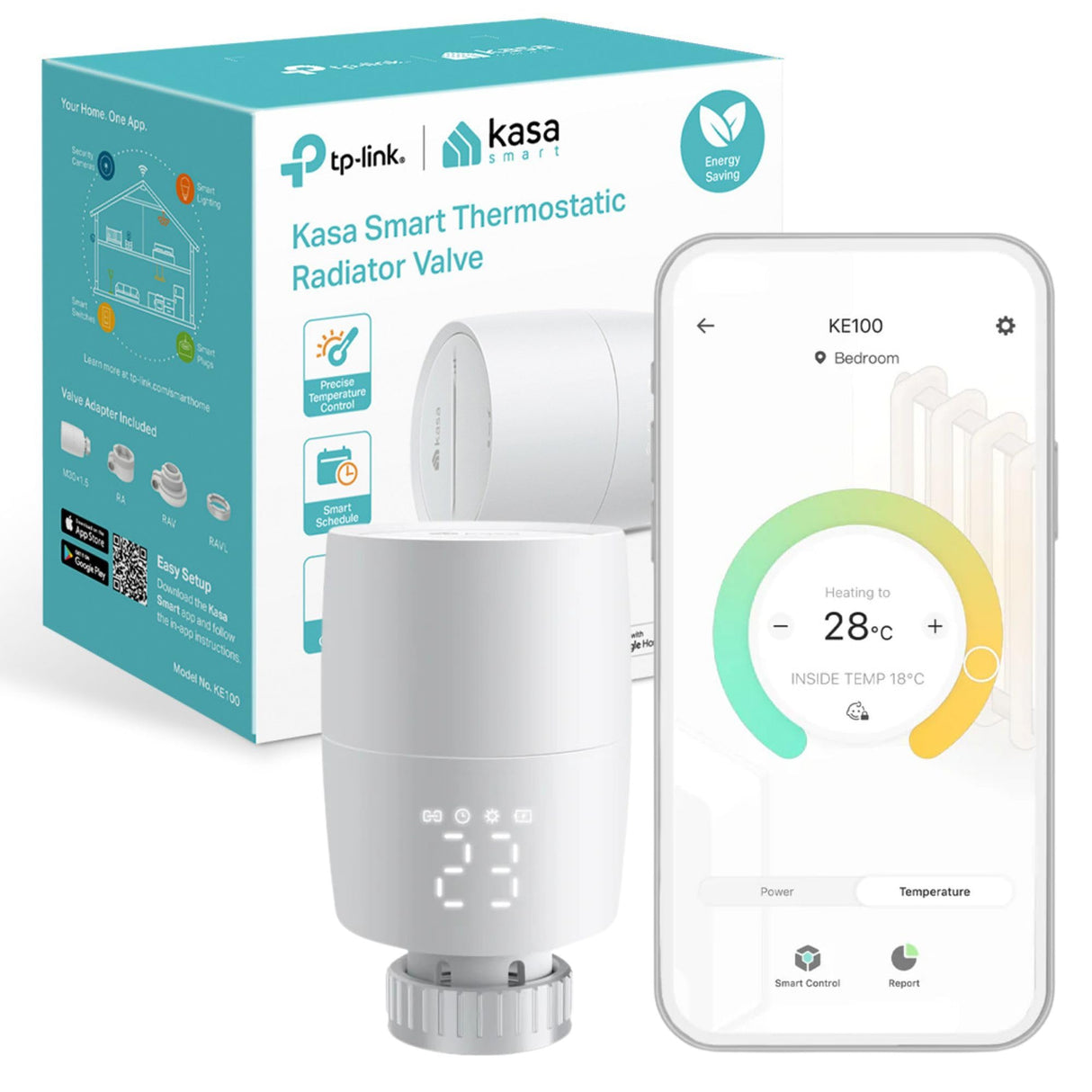 TP-Link Kasa Smart Thermostat Radiator Valve, Smart Radiator Valve, Energy Saving, LED display Radiator Thermostat Valve, Smart TRV Schedule, Works with Alexa & Google Home, Easy installation(KE100)