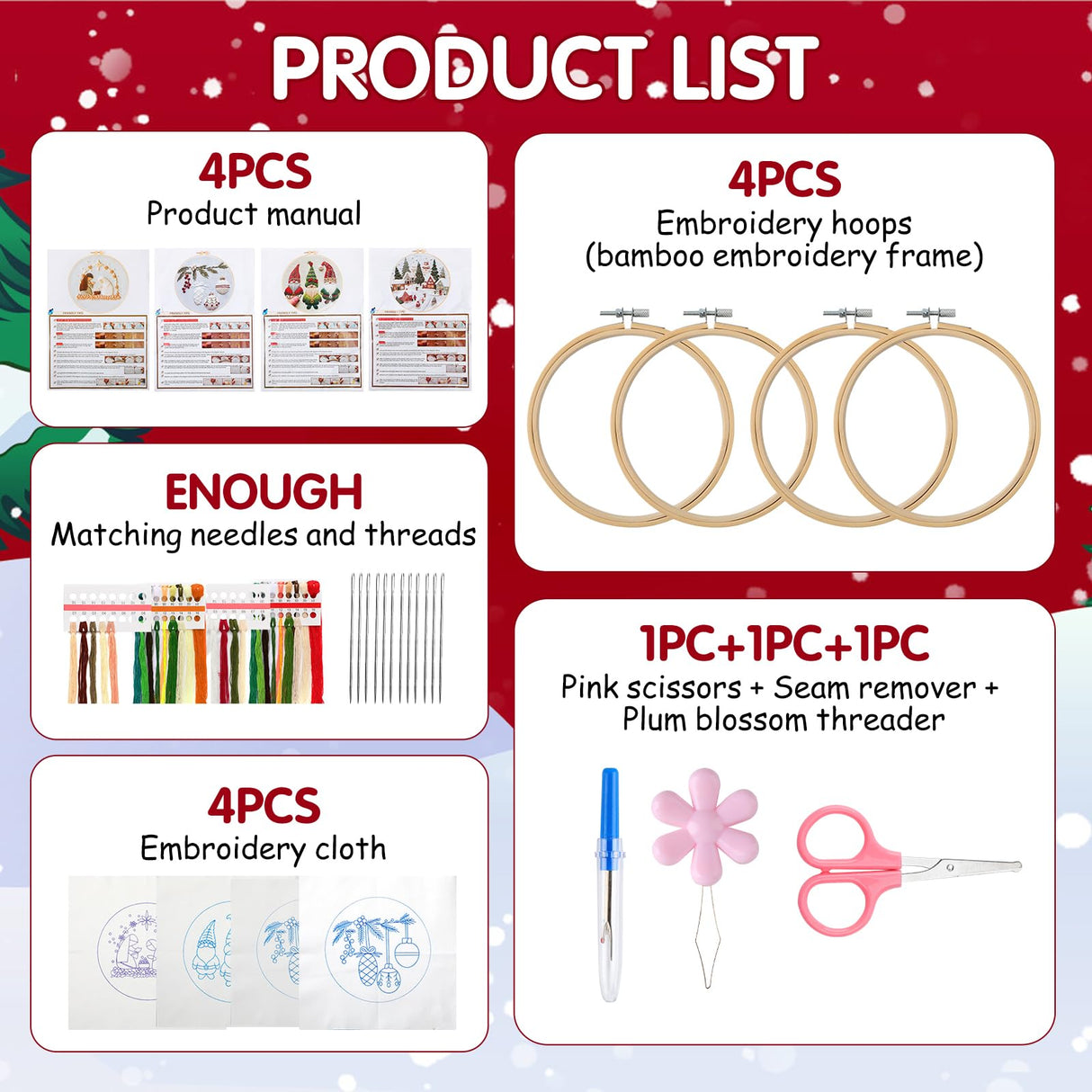 Christmas Embroidery Kit, DIY Hand Embroidery Kit, Beginner Embroidery Kit for Adults, Embroidery Christmas Ornament Kits (B)