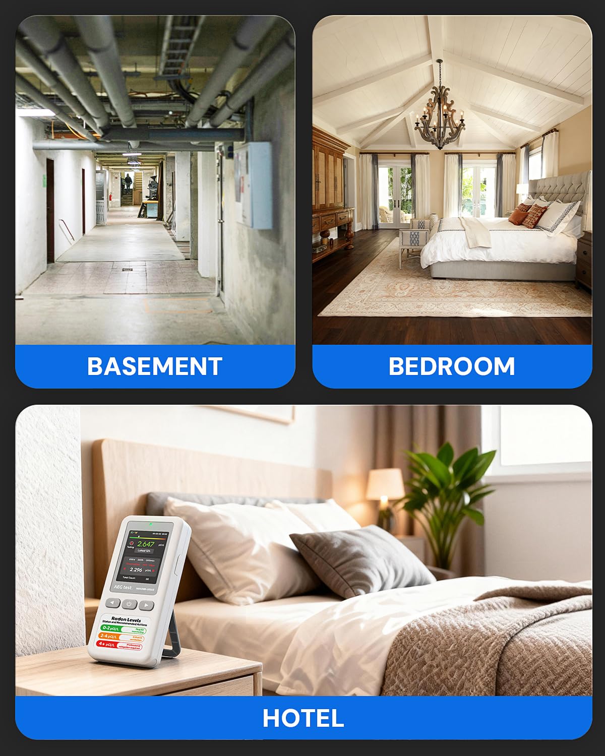 AEGTEST HOUND-1011S Portable Radon Detector, High-Accuracy Sensor for Home, Lightweight, Audible & Visual Alarms, Long-Term Monitoring, Easy-to-Use Radon Tester in pCi/L or Bq/m³ for Basement