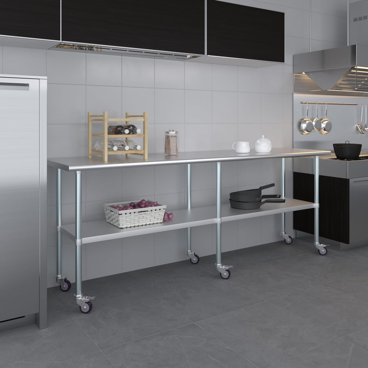 AmGood 24 in. x 96 in. Stainless Steel Work Table with Wheels | Metal Kitchen Food Prep Table | NSF