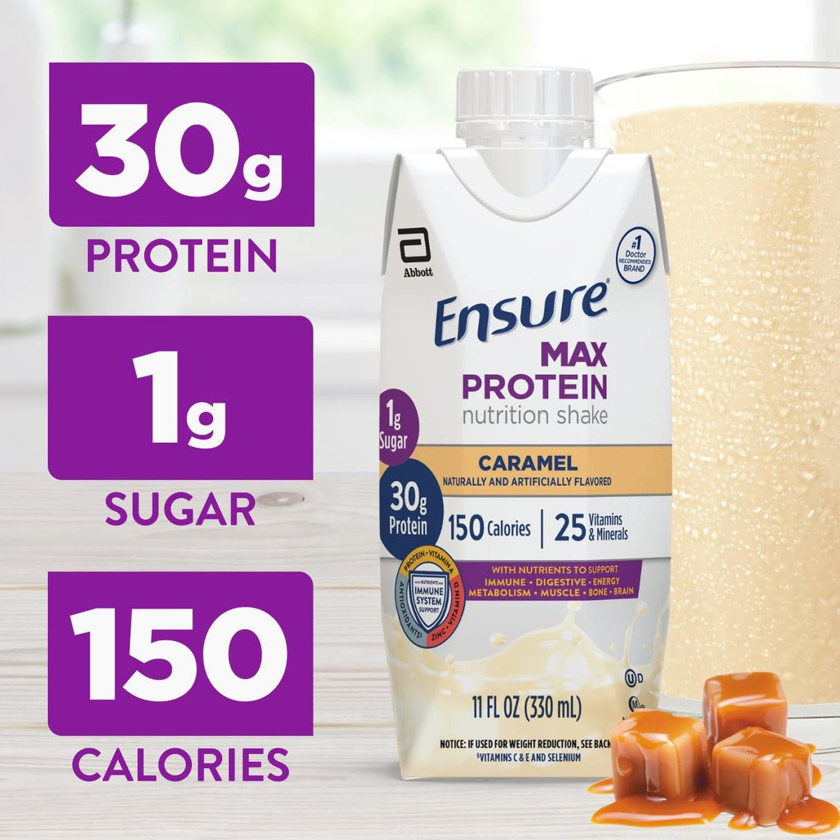 Ensure Max Protein Shake | Caramel | Ready to Drink | 30g Protein for Muscle Health | 1g Sugar, 4g Fiber | 11 fl oz, 12 Pack