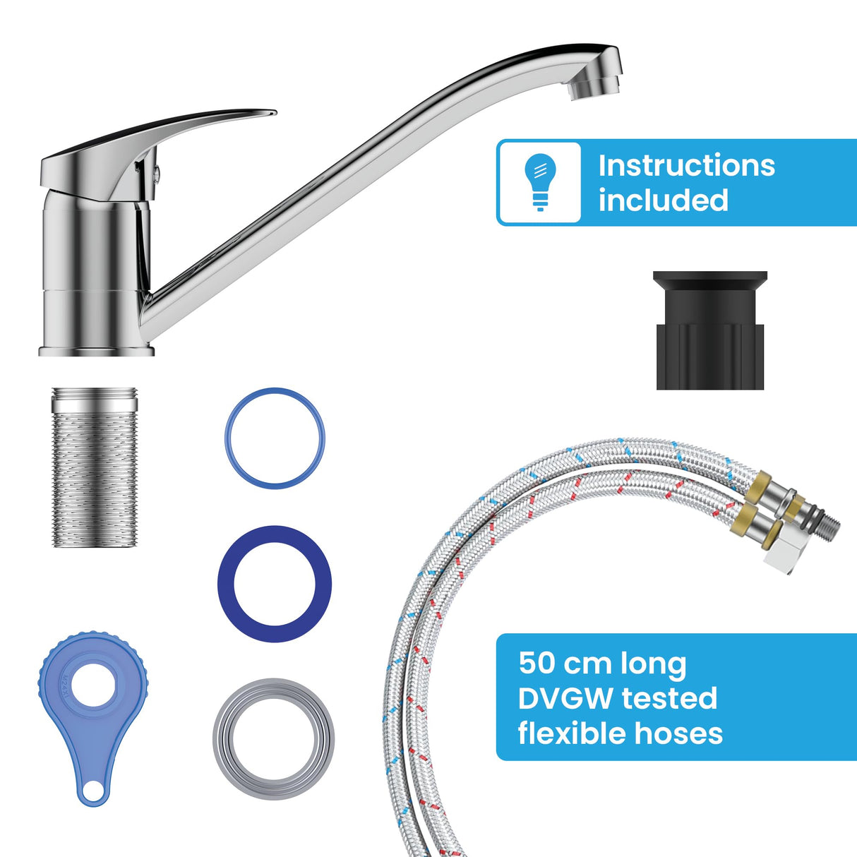 Bächlein Kitchen Mixer 360 Degree Swivel (Chrome) - Single Lever Sink Mixer with 360° Swivel Spout - Faucet for The Kitchen in Extra Solid Design