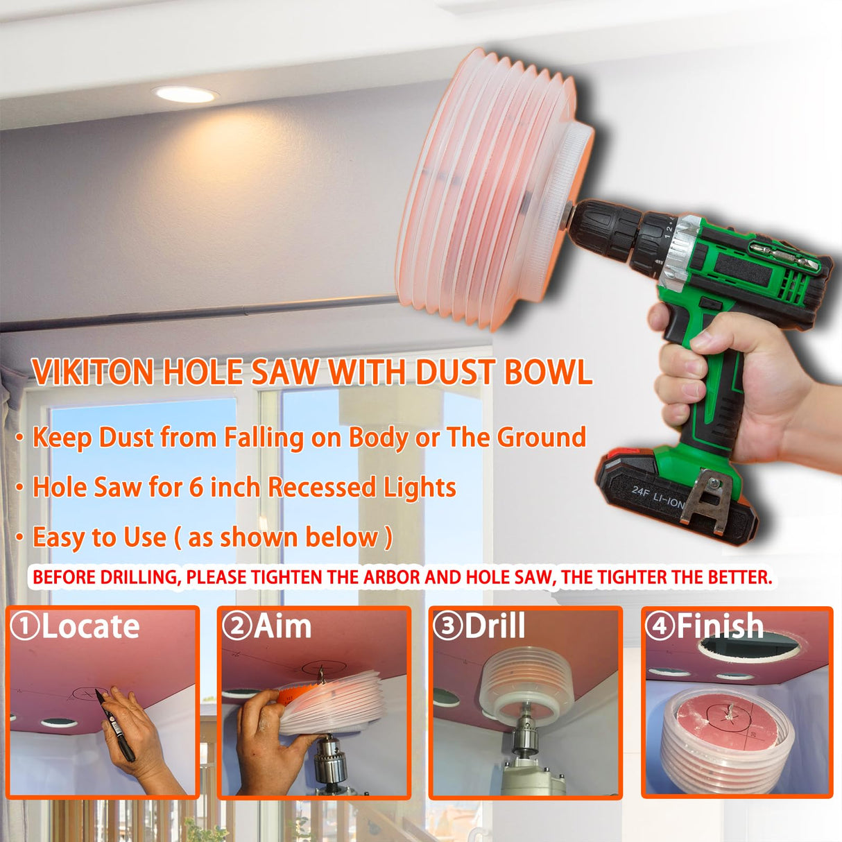 VIKITON 6.25 Hole Saw for Recessed Lights Can Lights, 6-1/4 Inch Hole Cutter with Dust Bowl Catcher for Led Recessed Lighting 6 Inch and Wood Metal Drywall, Bi-Metal Construction