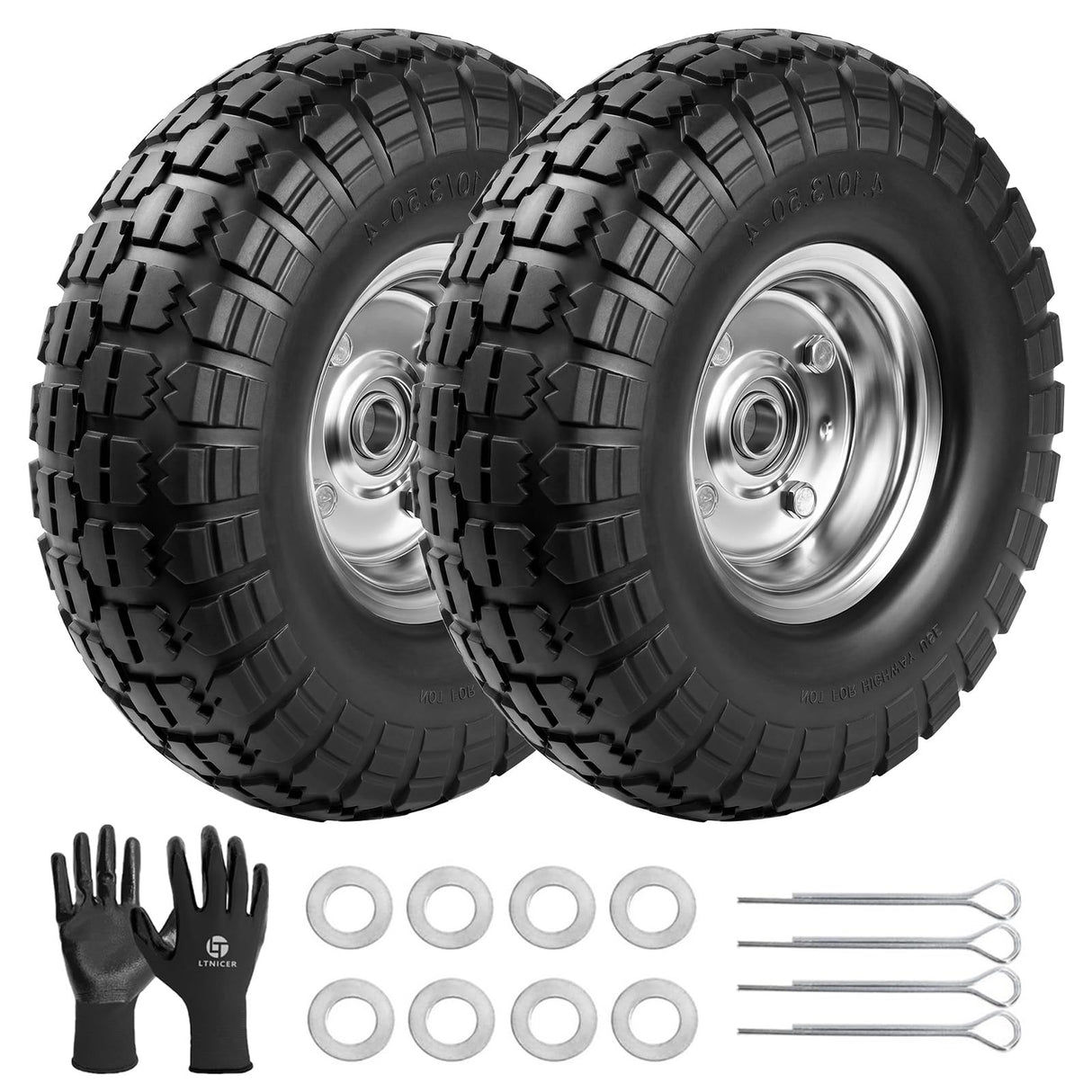 LTNICER 4.10/3.50-4 Tire Wheels Flat Free 10" Heavy Duty Solid Flat-Free Replacement Tire with 5/8 Axle Compatible with Gorilla Carts, Wheelbarrow, Dolly, Hand Truck (2-Pack)