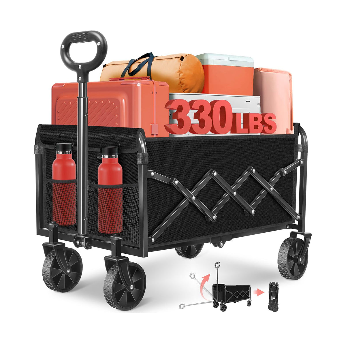 Folding Wagon Cart with All-Terrain Wheels – Heavy Duty Collapsible Utility Wagon for Grocery, Sports, Garden, Camping, Shopping (Black 330LBS)