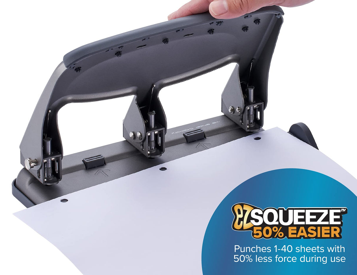Bostitch Office EZ Squeeze 40 Sheet 3-Hole Punch, Heavy Duty (HP40AM), Silver