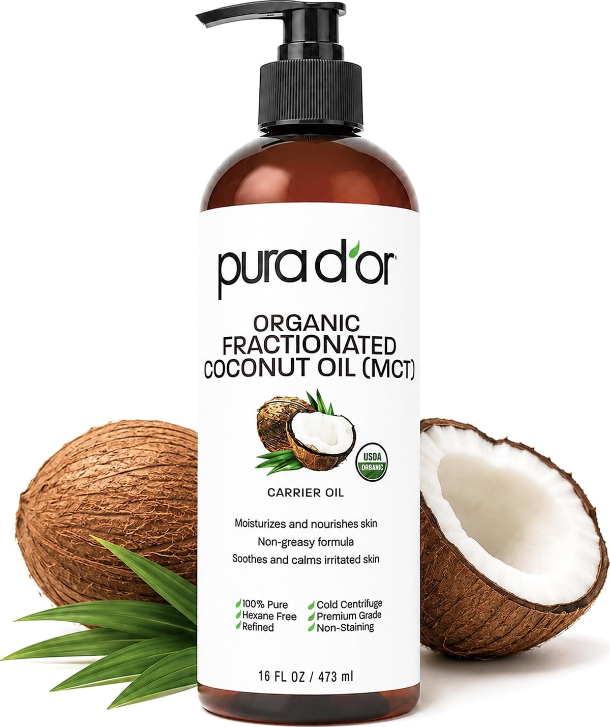 PURA D'OR USDA ORGANIC Fractionated Coconut Oil: Hair, Face 16oz