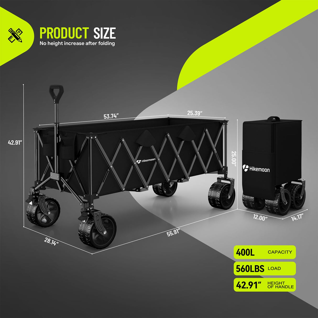 Hikemoon 400L Ultra Large Collapsible Wagon with Big Wheels - Black