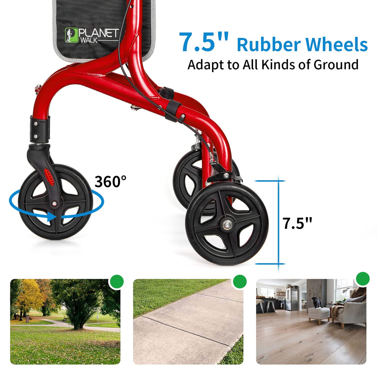 Planetwalk Premium 3 Wheel Rollator Walker for Seniors - Ultra Lightweight Foldable Walker for Elderly, Aluminum Three Wheel Mobility Aid, Brilliant Red