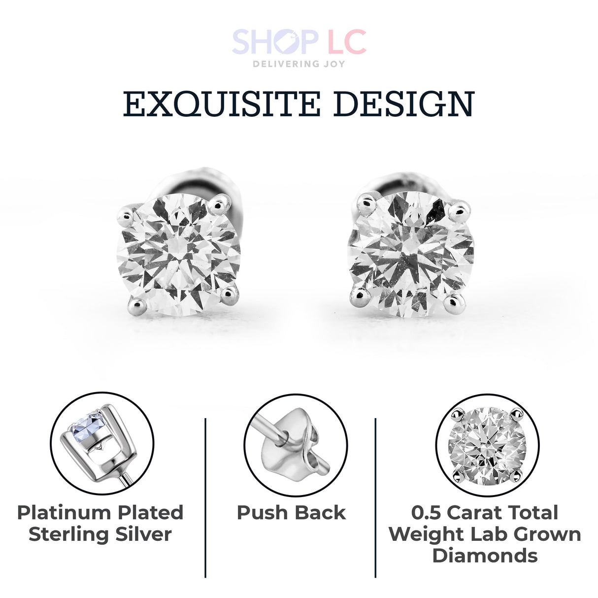 Shop LC 0.5 Carat Lab Grown Diamond Stud Earrings Silver Platinum Plated