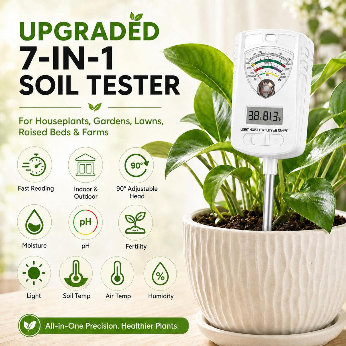 2026 Soil Tester, 7-in-1 Soil Test Kit for Moisture, pH, Fertility, Temperature, Humidity and Light, Digital Soil Meter for Garden, Lawn, Farm, Indoor and Outdoor