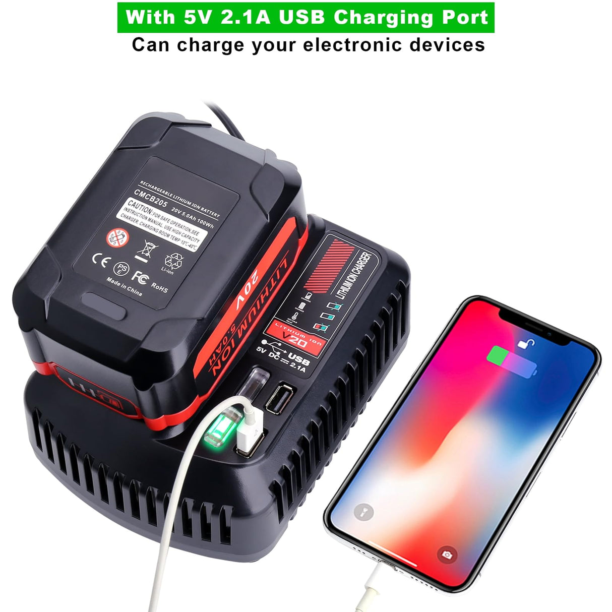 V20 Battery Fast Charger CMCB104 Replacement for Craftsman V20 20V max Lithium Battery Charger for CMCB201 CMCB202 CMCB204 CMCB205 CMCB206, with 2 USB Ports