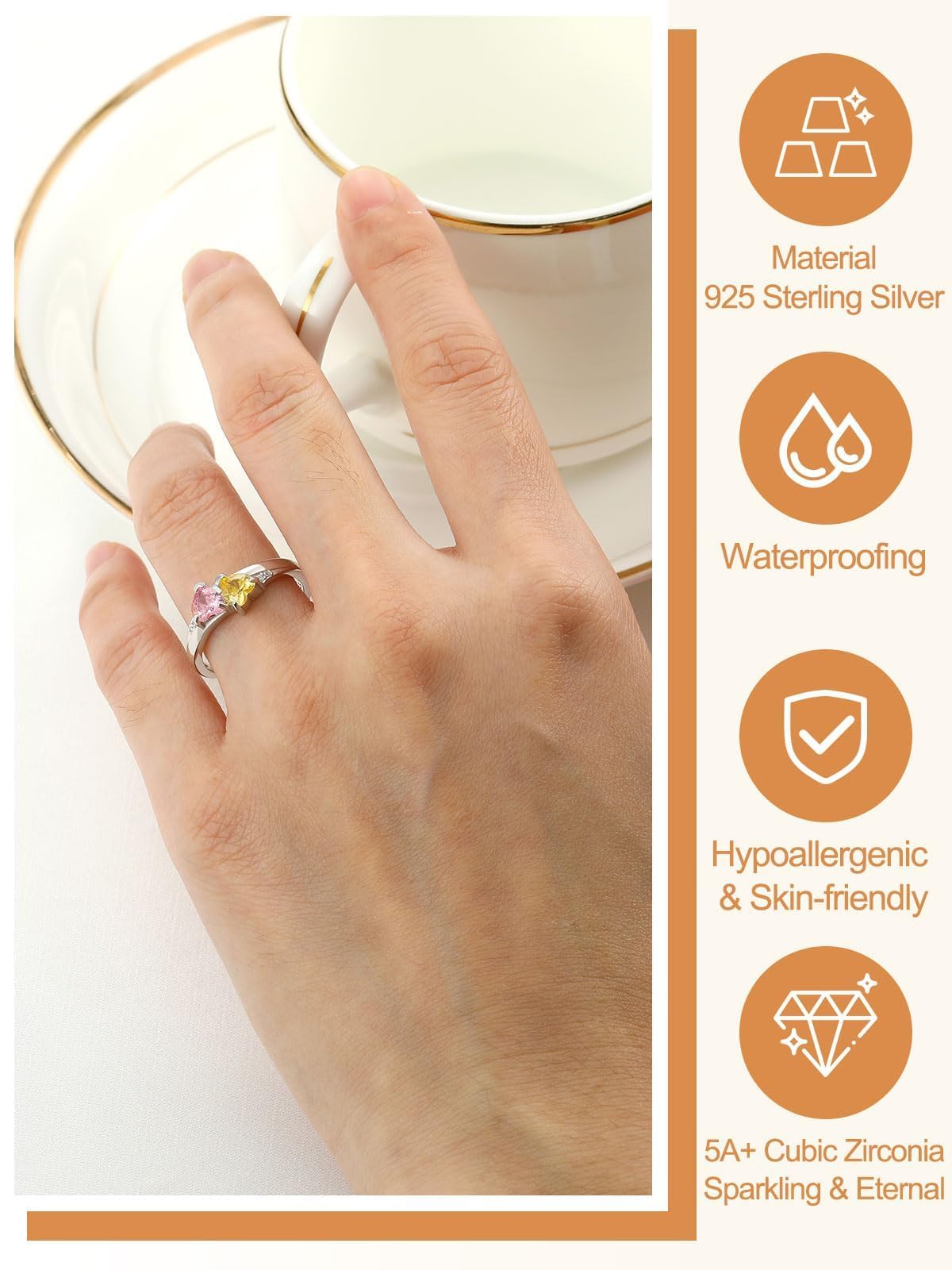 Custom4U Sterling Silver Rings for Women Personalized Name Ring with 2 Birthstones Engagement Promise Wedding Band Sparkling Jewelry Daily Wear
