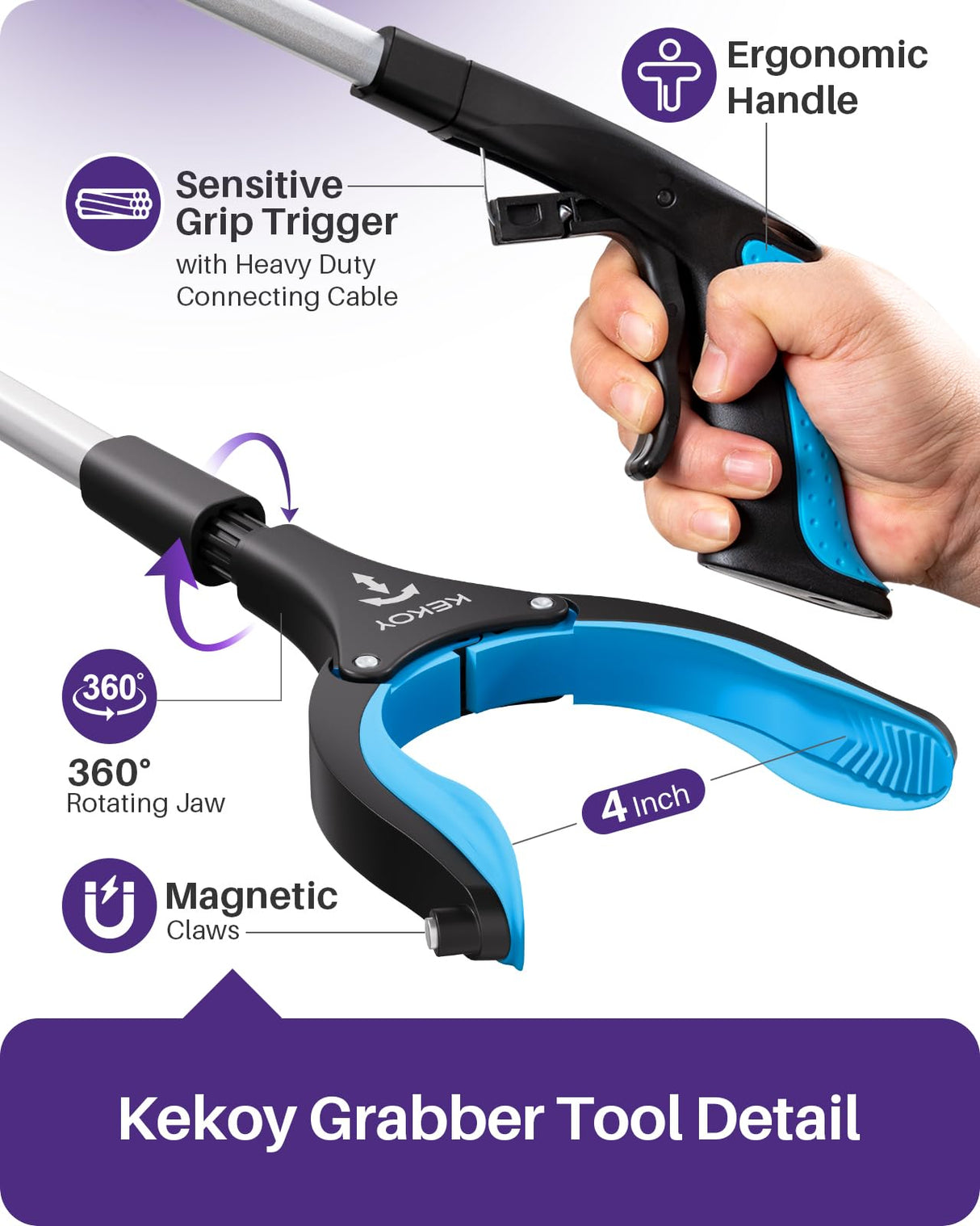 Kekoy 36inch Grabber Reacher Tool for Seniors, Foldable Reacher Grabbers Pickup Stick with Anti-Slip 360° Rotating Jaw, 4" Wide Extended Claw with Magnet for Disabled, After Surgery Recovery