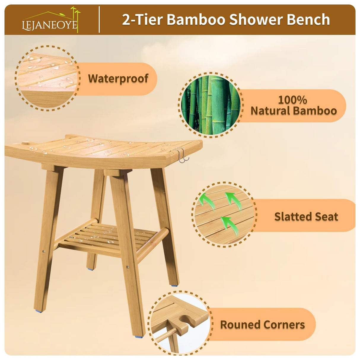 Bamboo Shower Bench Stool, Shower Chair for Inside Shower with 2-Tier Storage Shelf, Waterproof Shower Seat for Shaving Legs, Spa Bathroom Shower Bench for Senior Adult Disabled Elderly