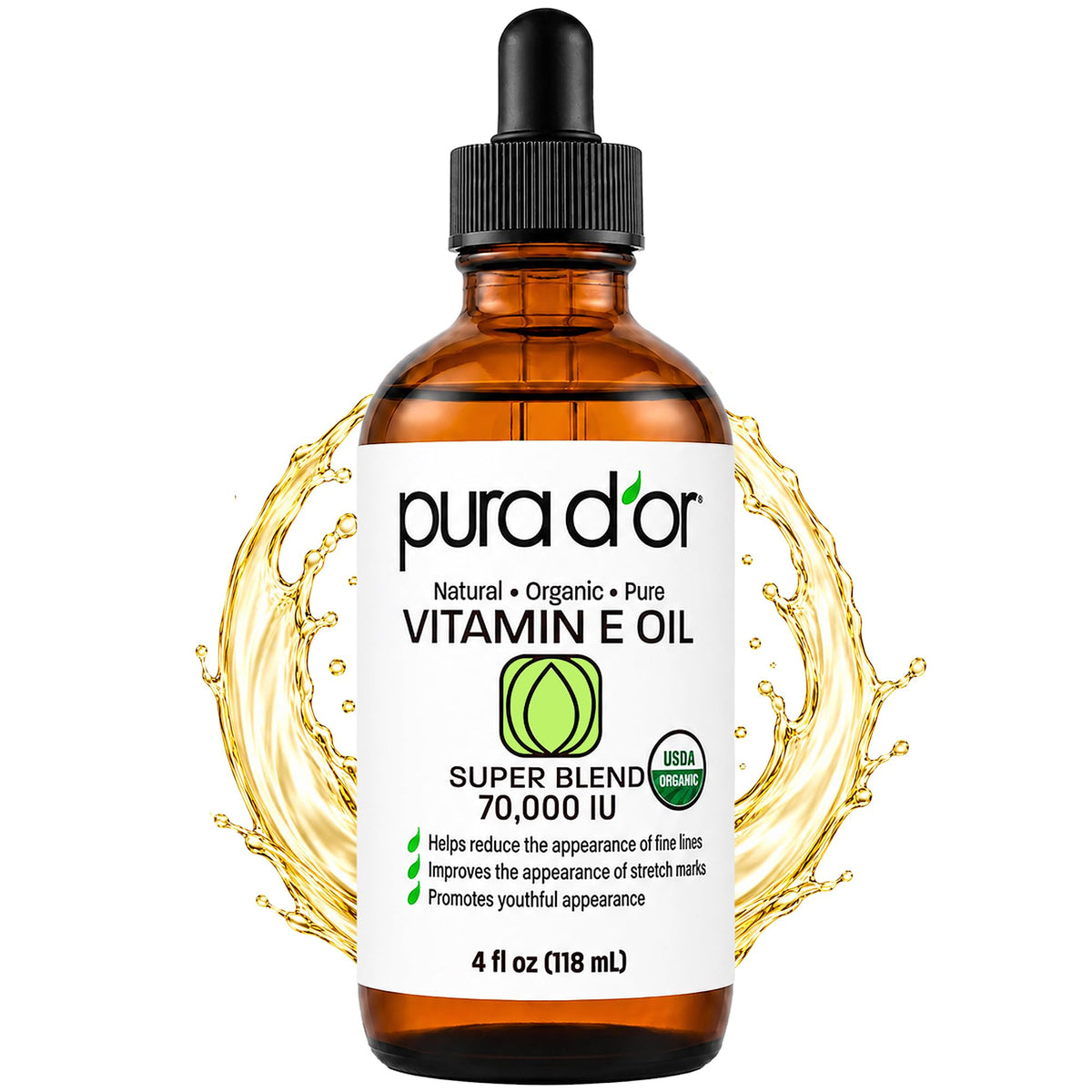 PURA D'OR ORGANIC Vitamin E Oil 70,000 IU for Face, Ayurvedic Skin Care 4oz