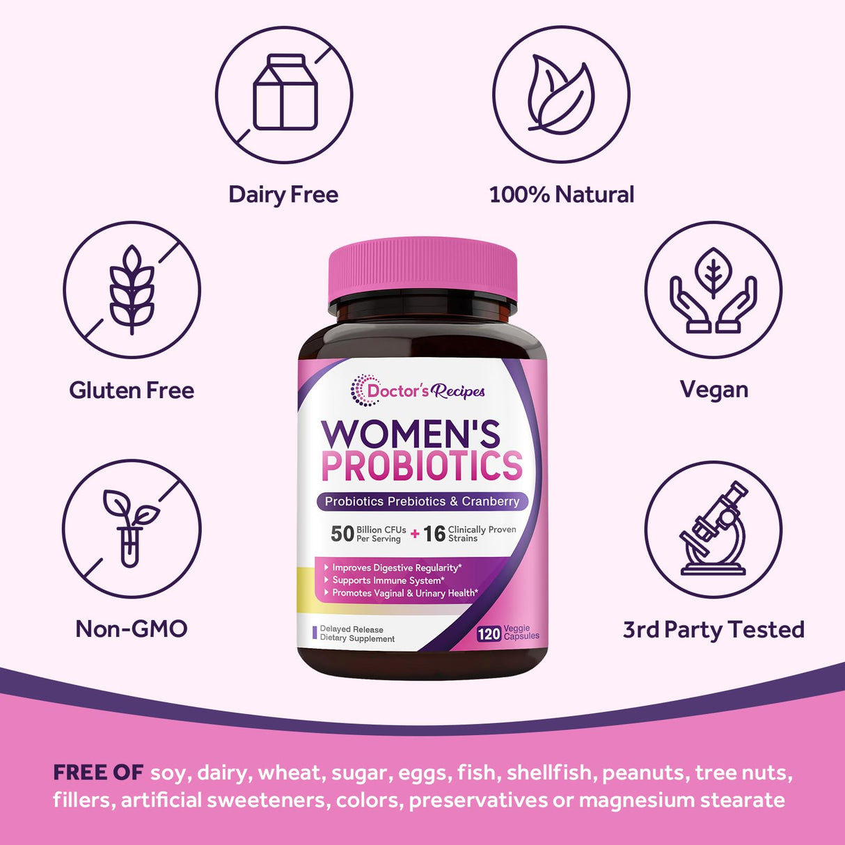 Doctor's Recipes Women’s Probiotic, 120 Caps 50 Billion CFU 16 Strains, with Organic Cranberry, Digestive Immune Vaginal & Urinary Health, Shelf Stable, Delayed Release, No Soy Gluten Dairy