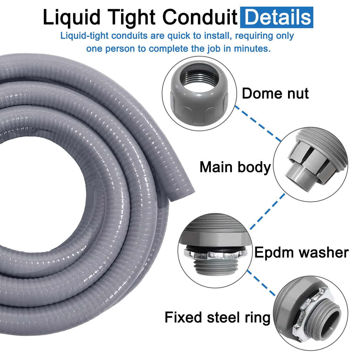 Liquid-Tight Conduit 50 ft and 8 Pieces of Connector Kit,Electrical Conduit 1/2 Flexible Non Metallic Conduit UL Certification,Flexible Conduit with 5 Straight and 3 Degree Conduit Connector Fittings