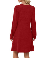 OFEEFAN Christmas Dresses for Women Sweater Dresses for Women 2025 Casual Long Sleeve Dress Pleated Fall Winter Dresses with Pockets Red L