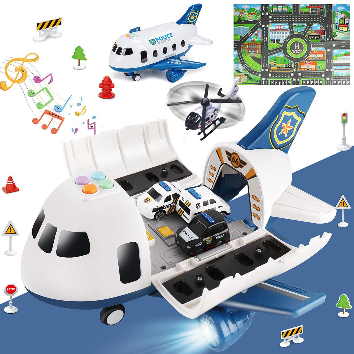 Dwi Dowellin 5 in 1 Airplane Toys with Light and Sound,Police car Toys with Activity Mat, Christmas Birthday Gifts for Kids 3 4 5 6 Year Old Boys Girls